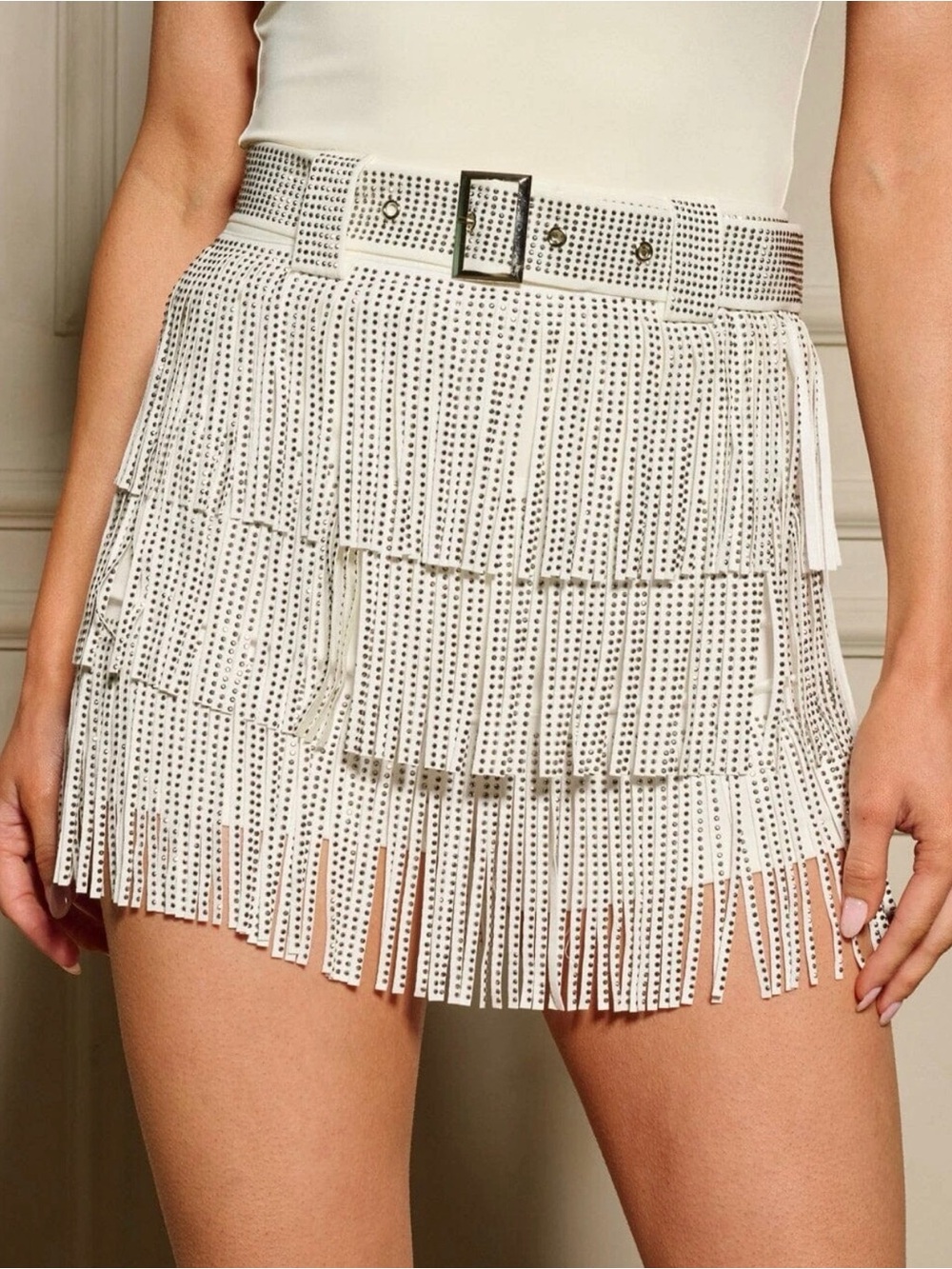 Tiered Fringe Mini Skort in White with Stud Details
